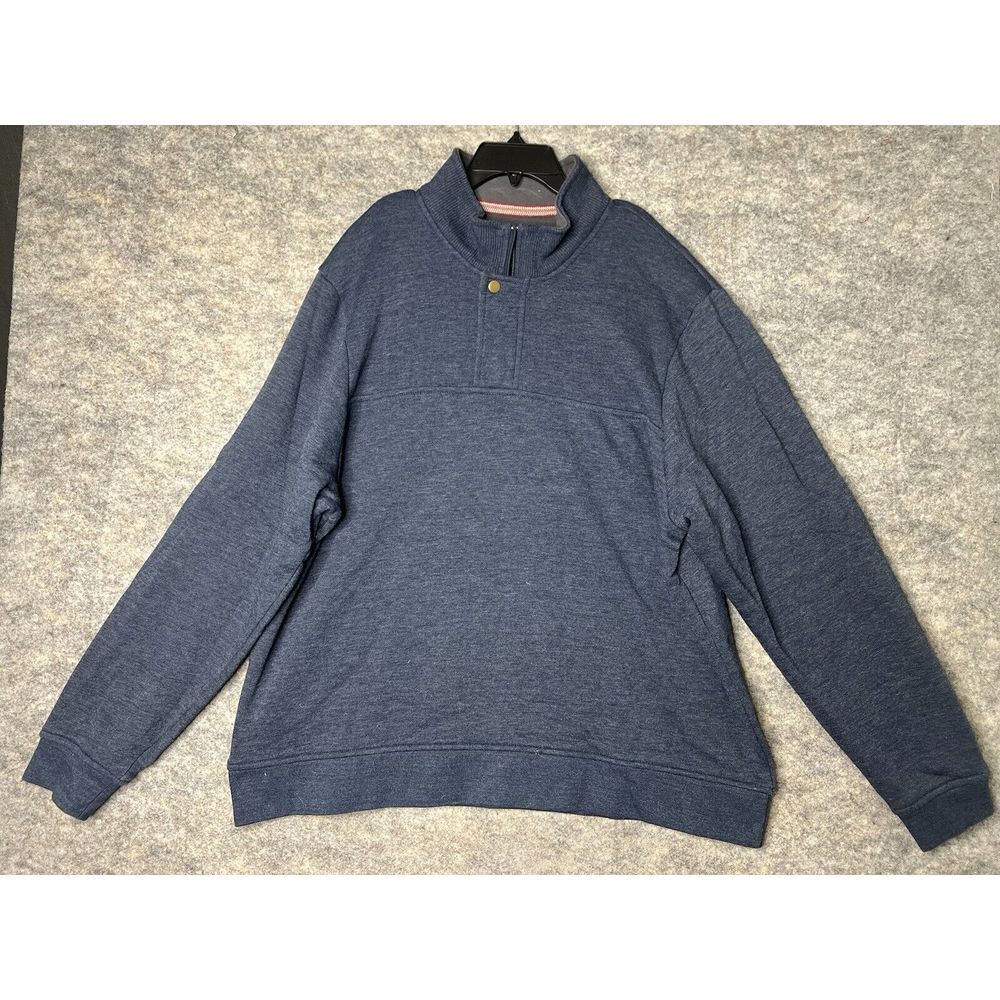 Orvis 1/4 Zip Sweater Mens XXL 2 XL Blue Pullover Warm With Button Snap Cover